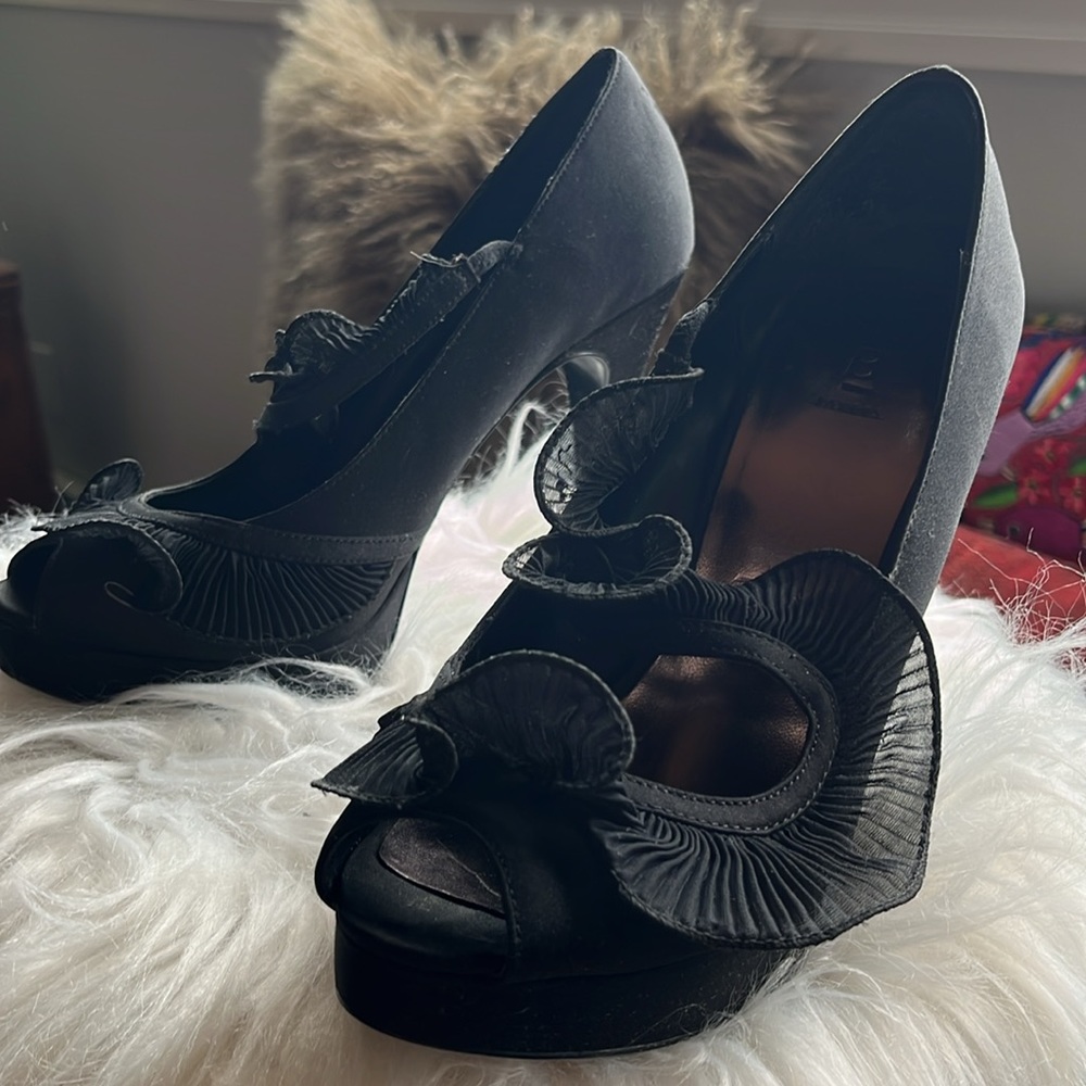 TED BAKER Ricki (Style 1876) Stacked Black Satin 4” Stilettos.
